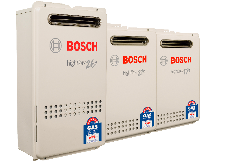 three bosch water heaters are lined up next to each other on a white background .